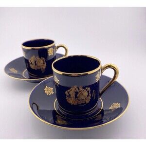 Set of 2–limoges castel france demitasse cup & saucer cobalt blue gold